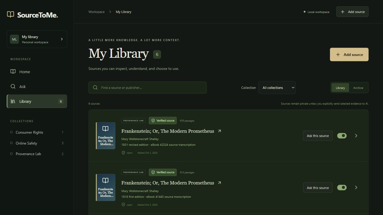 SourceToMe's My Library screen: a dark green sidebar with Home, Ask and Library, and a list of six verified sources with Ask this source buttons